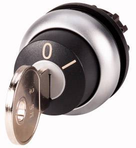 A metal ignition cylinder with an inserted key. The cylinder displays the numbers '0' and '1' for control purposes.