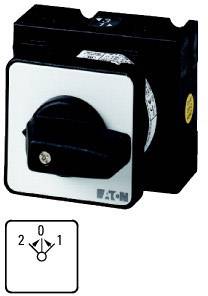'Rotary switch with three positions: 0, 1 and 2. Front view with black handle on square housing. Manufacturer Eaton.'