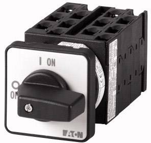 Rotary switch with a black handle in the 'ON' position, mounted on a rectangular base with multiple mounting points.