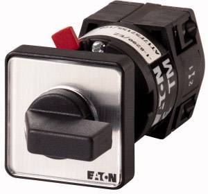 A square rotary switch by Eaton with a black handle and a red marking, suitable for electrical control devices.