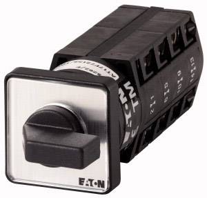Eaton rotary switch with a black handle and square front plate, viewed from the side.