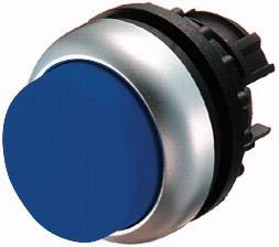 Blue round push button with silver rim and black housing, suitable for machine control or electronic devices.