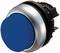 Blue round push button with silver rim and black housing, suitable for machine control or electronic devices.