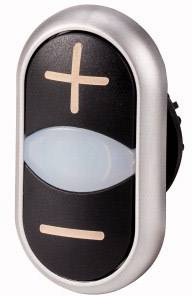 An oval light switch with plus and minus symbols for dimming in a silver casing.