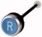 A round blue button with an 'R' on it, attached to a black stem.