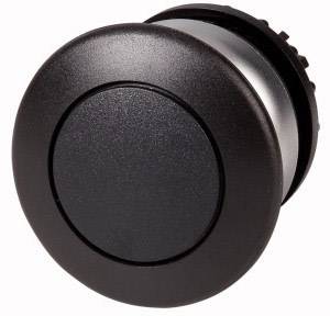A round, black push button with a metallic rim, typically used for electrical or mechanical devices.