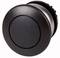 A round, black push button with a metallic rim, typically used for electrical or mechanical devices.