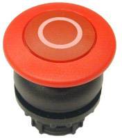Red emergency stop button in cylindrical form, used for quickly deactivating machinery for safety purposes.