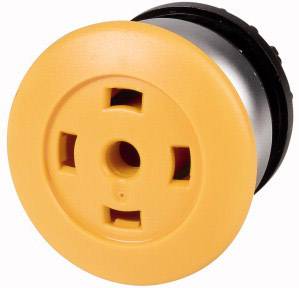 Yellow emergency stop switch with a round, prominent shape, used in emergency situations for the rapid shutdown of machinery.