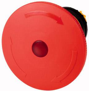 Large red emergency stop button, with arrows pointing to it, symbolises a safety mechanism for immediately halting machinery.