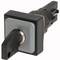 Black and white rotary switch with a square shape and a rotatable handle that can be positioned in different settings.