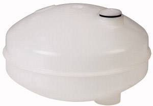 A white, oval plastic container with a lid and a side connection. Suitable for storing or transporting liquids.