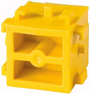 A yellow, square plastic building block with indentations and protrusions, suitable for connecting with other building blocks.
