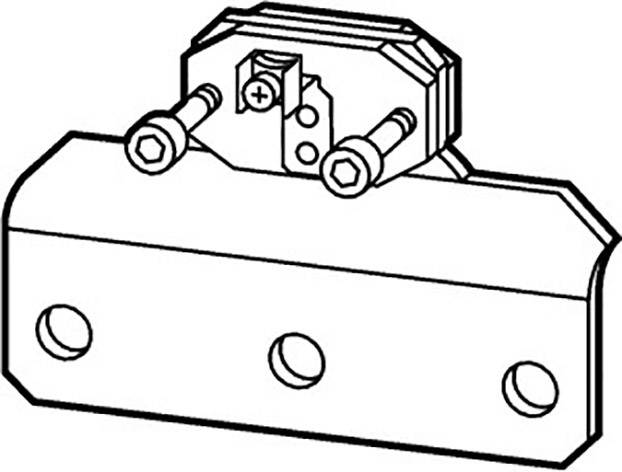 Technical drawing of a mounting clip with three holes and two screws. Shows a fastening element for a machine component.