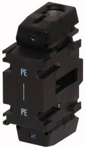 Black electrical connector with 'PE' marking on both sides, showing terminals for protective earth connections.