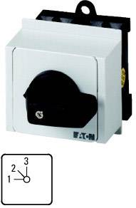 A white electric rotary switch with a black handle and 'Eaton' labelling, with a three-position circuit diagram underneath.