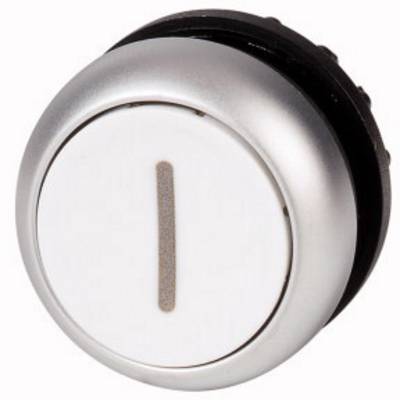 Round silver press button with a narrow, vertical stripe in the centre.
