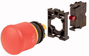 'Emergency Stop Button', consisting of a red push button, mounting bracket and switch. Used for safety shutdown in emergency situations.