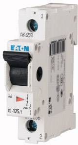 A single-pole circuit breaker by Eaton, model number IS-125/1, with lever for controlling the electrical circuit.