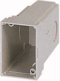Grey plastic electrical junction box in rectangular form, showing an open side towards the interior.