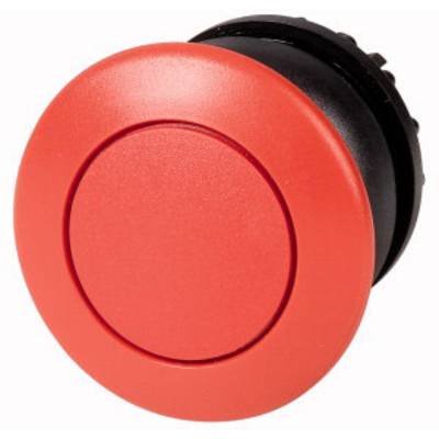 Red emergency stop button in close-up, round and prominent, against a white background. This is frequently used to halt machinery.