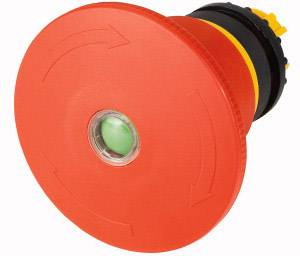 Large red emergency stop switch with rotary symbols and green dot in the centre, used for shutting down machinery.