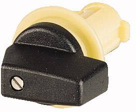 A black toggle switch with a metal screw on the front and a beige-yellow base, used for device control.