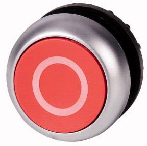 Red round button in a silver casing, possibly an emergency stop switch.