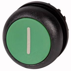 A round, green button with a vertical white line in its centre, set within a black casing.
