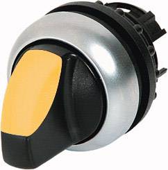 A round rotary switch with a black and yellow surface, surrounded by a silver ring.