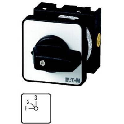 A black rotary switch knob on a rectangular plate with the EATON logo, indicating three positions for controlling electrical devices.