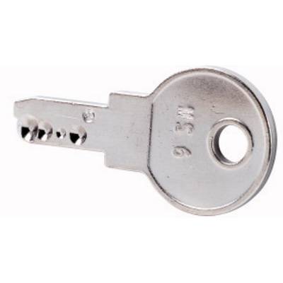 A silver metal key with a round head and several cuts on the key shaft.