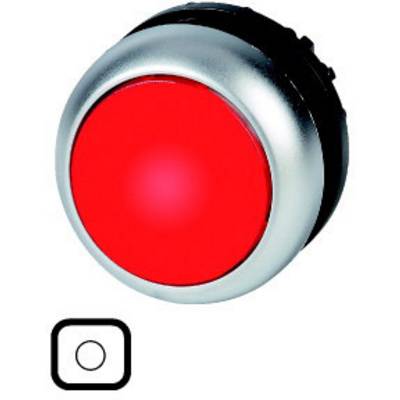 A round, luminous red button with a silver rim. Beneath it, a simple, square symbol of a button.