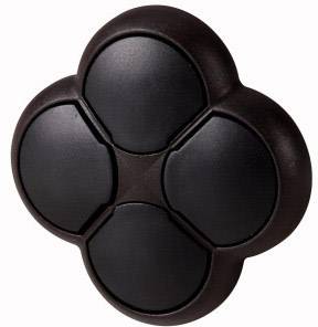 A black, round keypad with four protruding keys in a flower-like shape.
