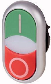 A green on button with a line symbol and a red off button with a circle symbol on an oval control element.