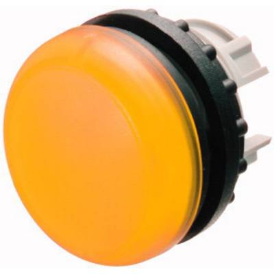 A round, large, orange emergency stop button in black and grey casing. Designed as a safety device for machine shutdown.