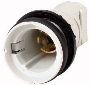 A white and black electrical plug with a single metal terminal inside, used for connecting cables.