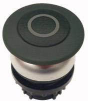 Green round push button with black border and metal housing.