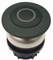 Green round push button with black border and metal housing.