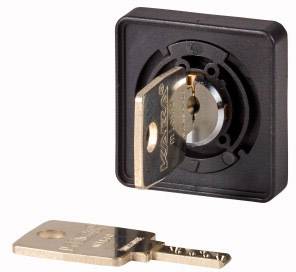 A square padlock with a key in the lock. A second key lies in front of it.