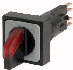 A square toggle switch with a red, semi-transparent lever in the centre position. The switch is mounted in a black housing.