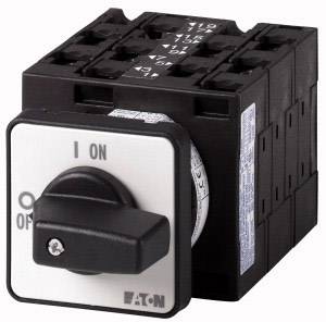 A black switch with a handle, marked with 'I ON' and 'O OFF', by Eaton.