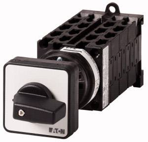 An Eaton electrical switch lever, black and grey, with multiple slots, is used for industrial applications.