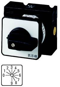 A black rotary switch with a white front plate and a numbered scale from 1 to 8 for controlling electrical devices.