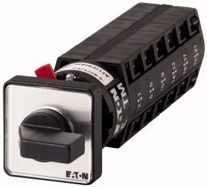 'Eaton rotary switch, with black and silver front plate and red safety lever, suitable for electrical control systems.'