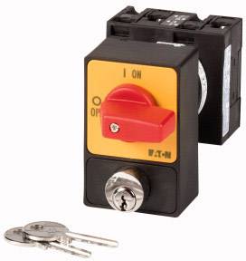A red emergency stop switch with a key lock and two keys positioned beside it against a white background.