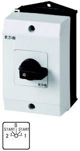 A white switch device with a rotary switch and the brand name on the top left. Below it, a diagram with the positions '0', '1', '2'.