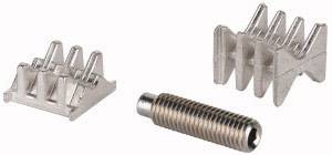 A metal construction set consisting of two serrated plates and a screw.