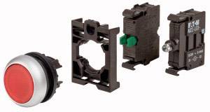 Red push button with housing and two switching elements, shown separately side by side, suggesting a control application.