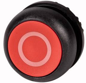 Red round button with a white circle in the centre, on a black base.